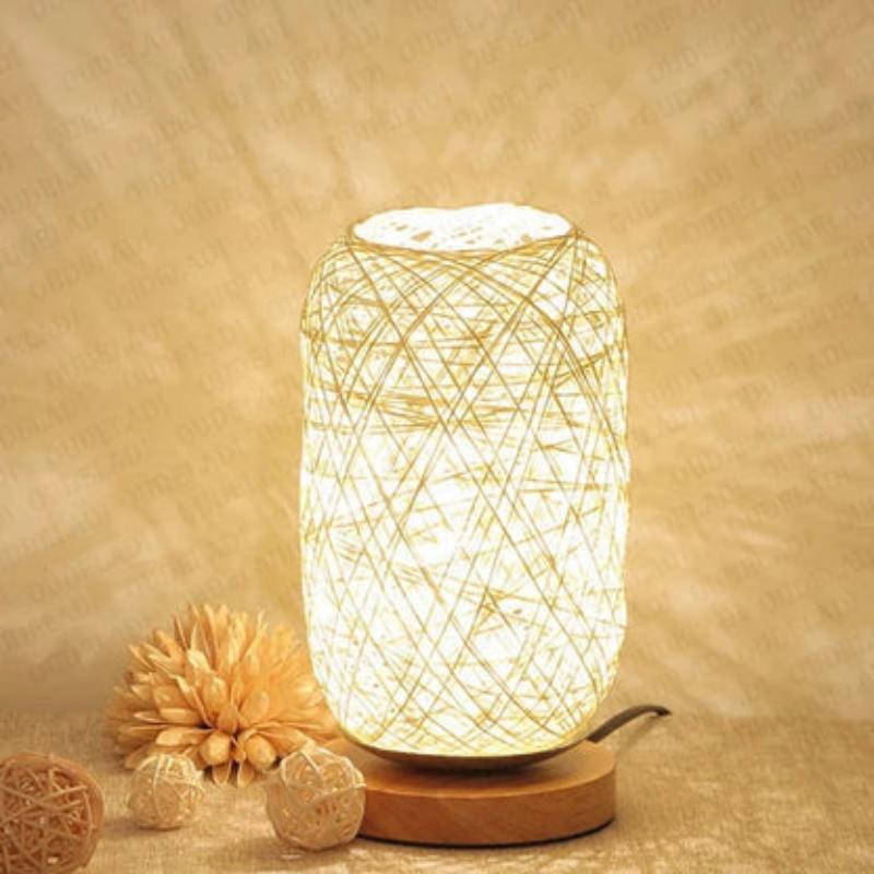 Rattan Ball Table Lamp with Wooden Base Beige