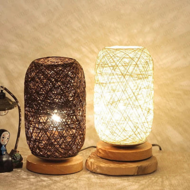 Rattan Ball Table Lamp with Wooden Base Beige