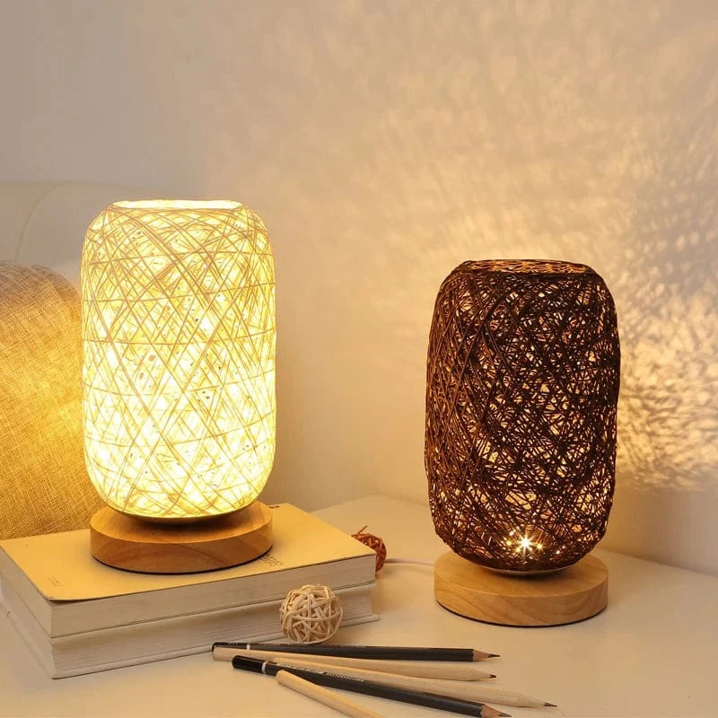 Rattan Ball Table Lamp with Wooden Base Beige