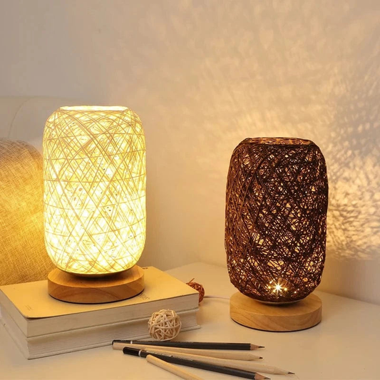Rattan Ball Table Lamp with Wooden Base Beige